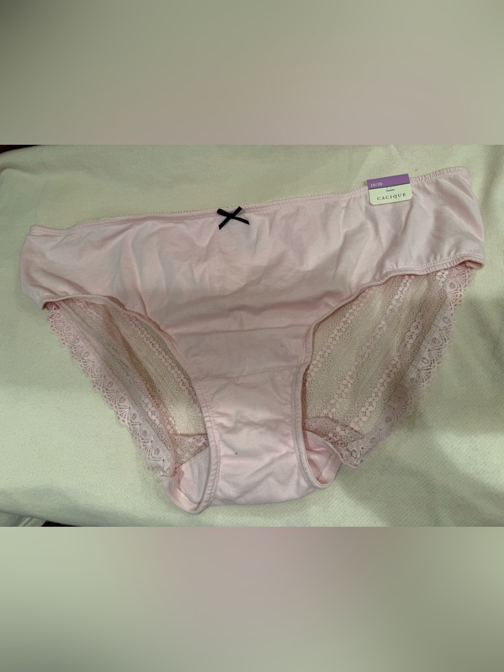 Cacique Light Pink Cotton Bikini with Lace Trim and Black Bow